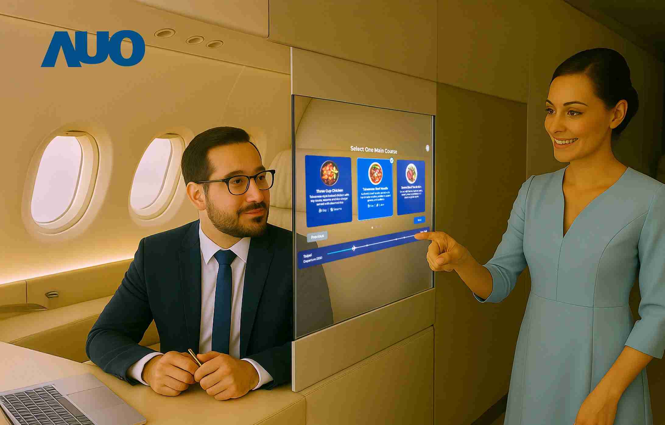 壹号平台研发全球最薄17.3 吋双面透明 Micro LED 显示器，，，，可在同一屏幕之双边投射不同信息，，，创造独特的”透明化”互动；图为实时翻译交流应用情境